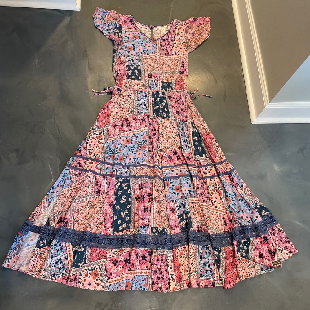 Matilda Jane Wildlife Patchwork Floral  Pink Blue Maxi Dress Flutter Sleeve Med - Picture 2 of 8